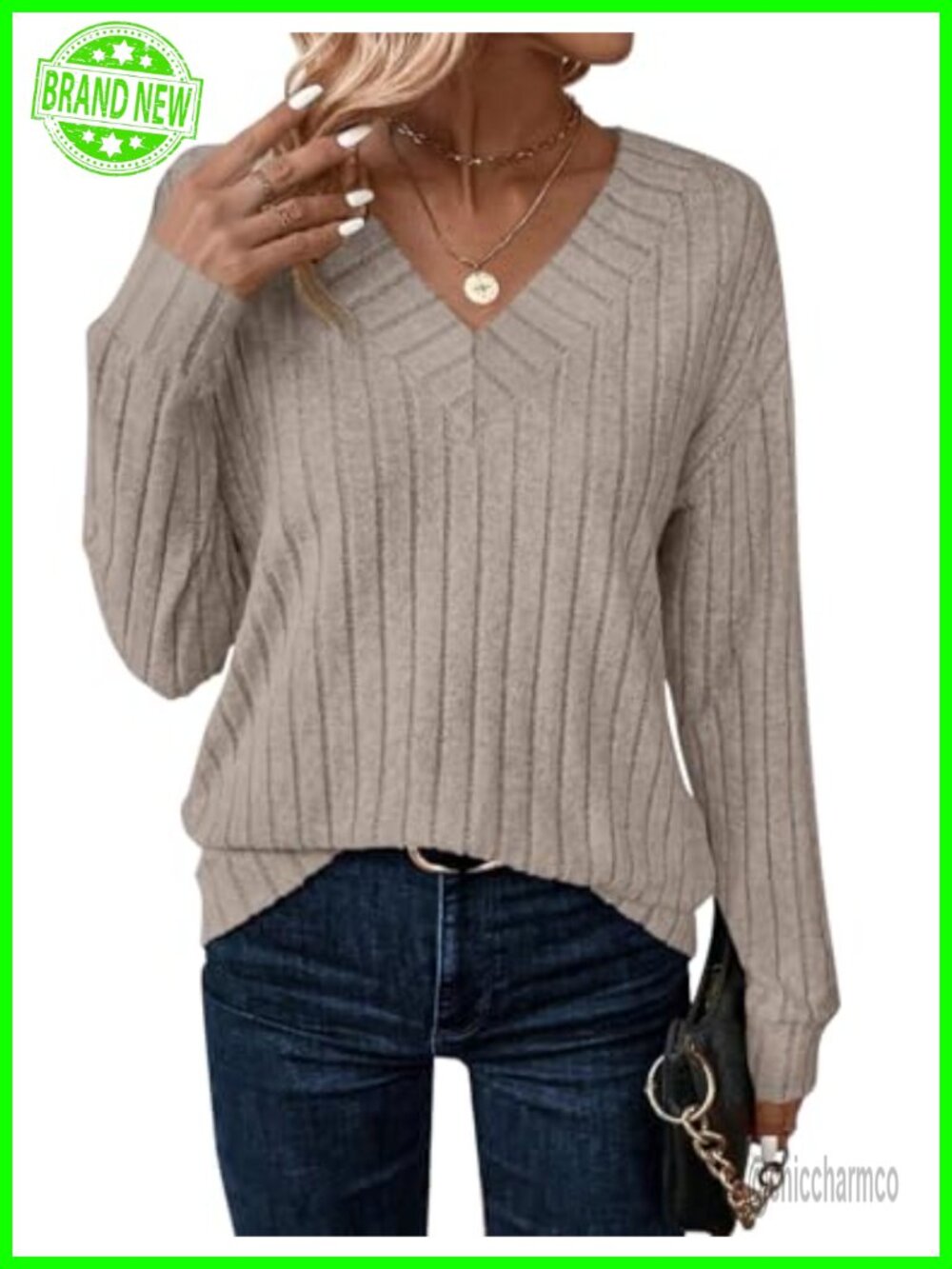 Long Sleeve V Neck Tunic Top Lightweight Ribbed Cuff Loose Fit Sweater for Fall